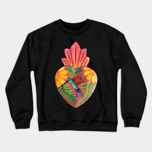 Mexican folk art sacred heart Oaxacan wood carving hand painted flower hummingbird milagrito bold pink decoration Crewneck Sweatshirt